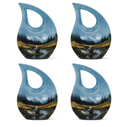 Cornflower Blue Fishing Cremation Urn lifestyle display on memorial shelf - devotional cross-drop fishing engraving - 10 inch aluminum urn for cremated remains