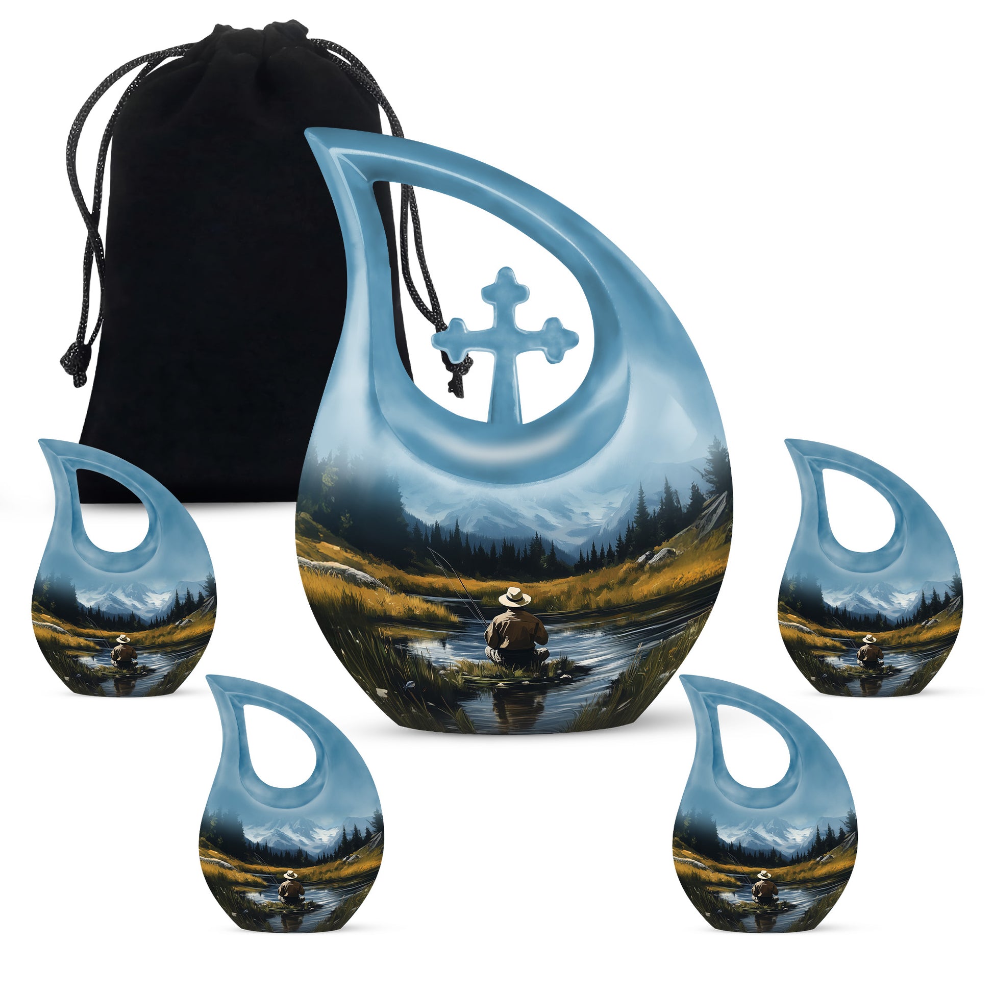 Royal Blue Fishing Cremation Urn urn with complimentary velvet bag - faith-inspired cross-drop urn with fishing pattern - memorial set with one large and four small urns