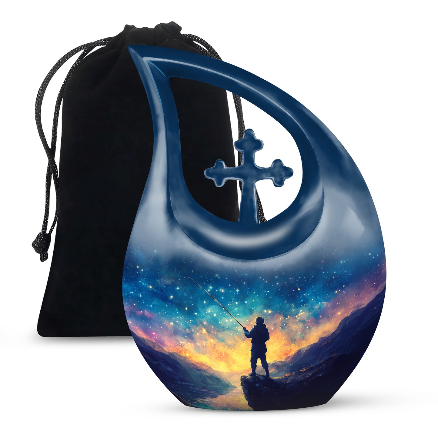 Icy Blue Fishing Cremation Urn top-down view of secure threaded lid - sacred cross merged with fishing motif on metal - full-size 10 inch 200 cubic inch adult cremation urn