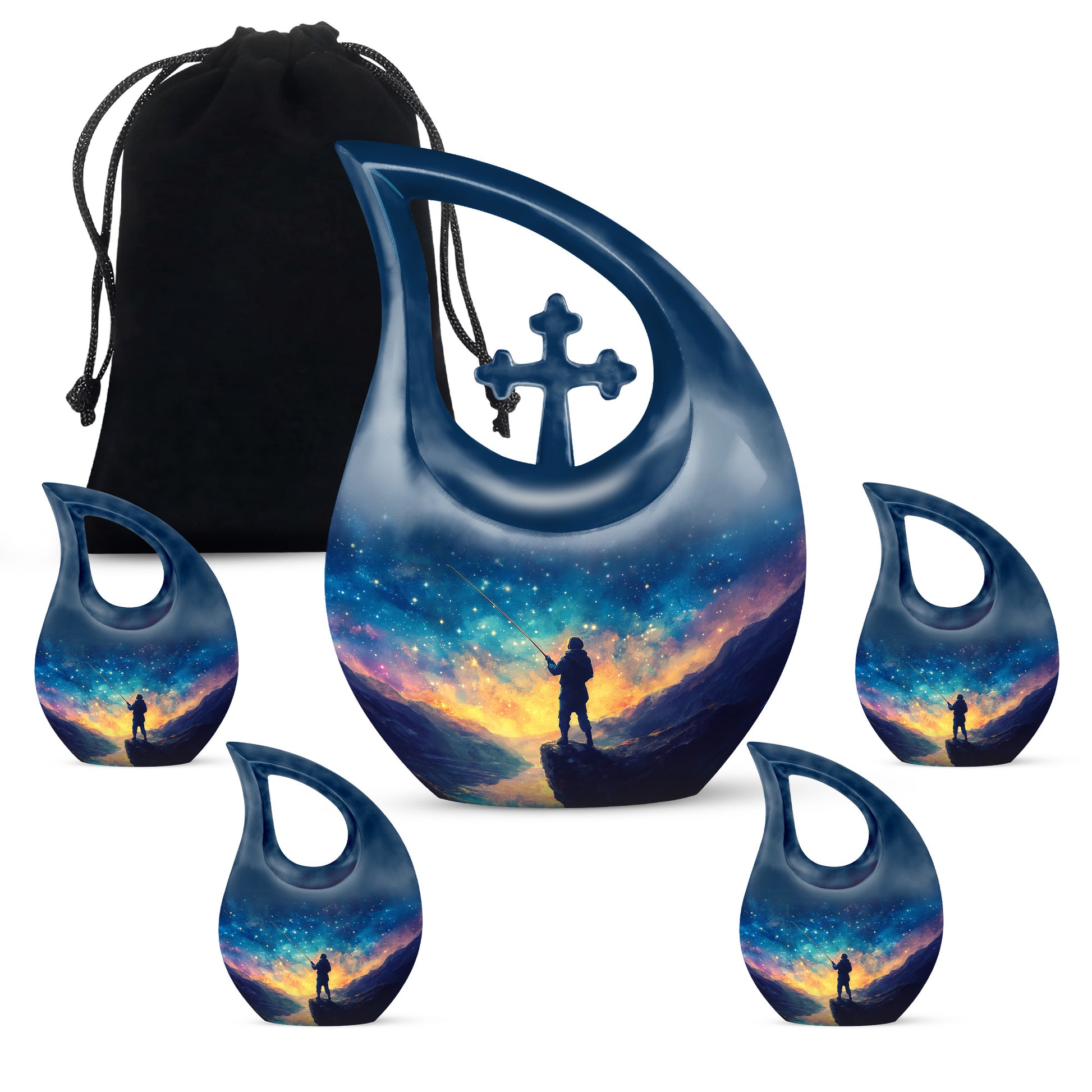 Indigo Fishing Cremation Urn urn with complimentary velvet bag - sacred cross merged with fishing motif on metal - memorial set with one large and four small urns