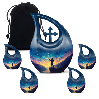 Indigo Fishing Cremation Urn urn with complimentary velvet bag - sacred cross merged with fishing motif on metal - memorial set with one large and four small urns