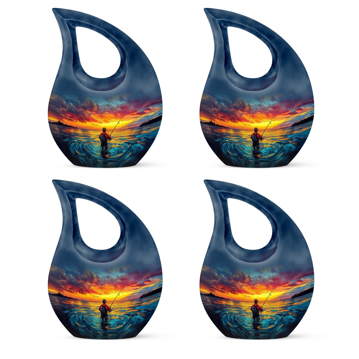 Aqua Teal Fishing Cremation Urn lifestyle display on memorial shelf - faith-inspired cross-drop urn with fishing pattern - 10 inch aluminum urn for cremated remains