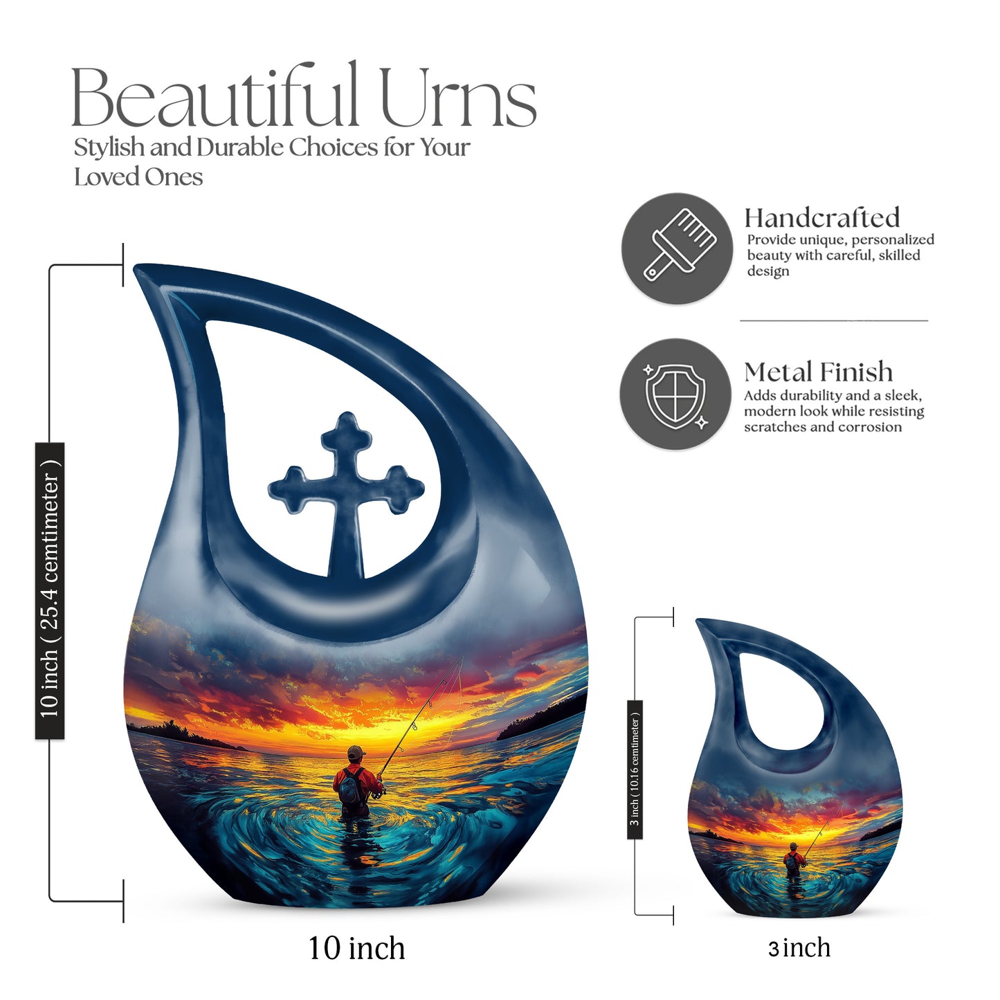 Aqua Teal Fishing Cremation Urn back view with polished surface - faith-inspired cross-drop urn with fishing pattern - mini keepsake memorial for portion of cremation ashes