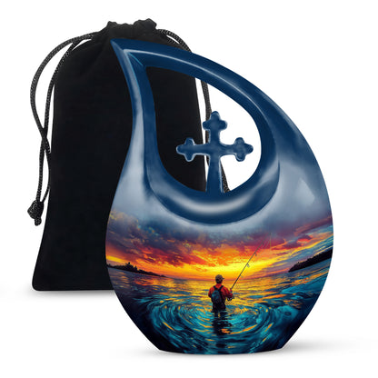 Soft Teal Fishing Cremation Urn top-down view of secure threaded lid - cross and fishing combined in spiritual memorial design - full-size 10 inch 200 cubic inch adult cremation urn
