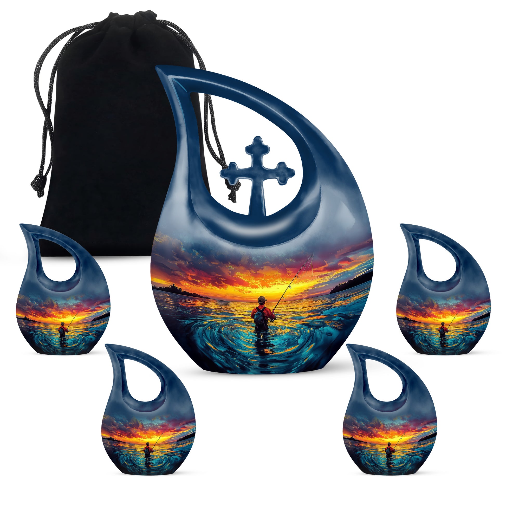 Deep Teal Fishing Cremation Urn urn with complimentary velvet bag - faith-inspired cross-drop urn with fishing pattern - memorial set with one large and four small urns