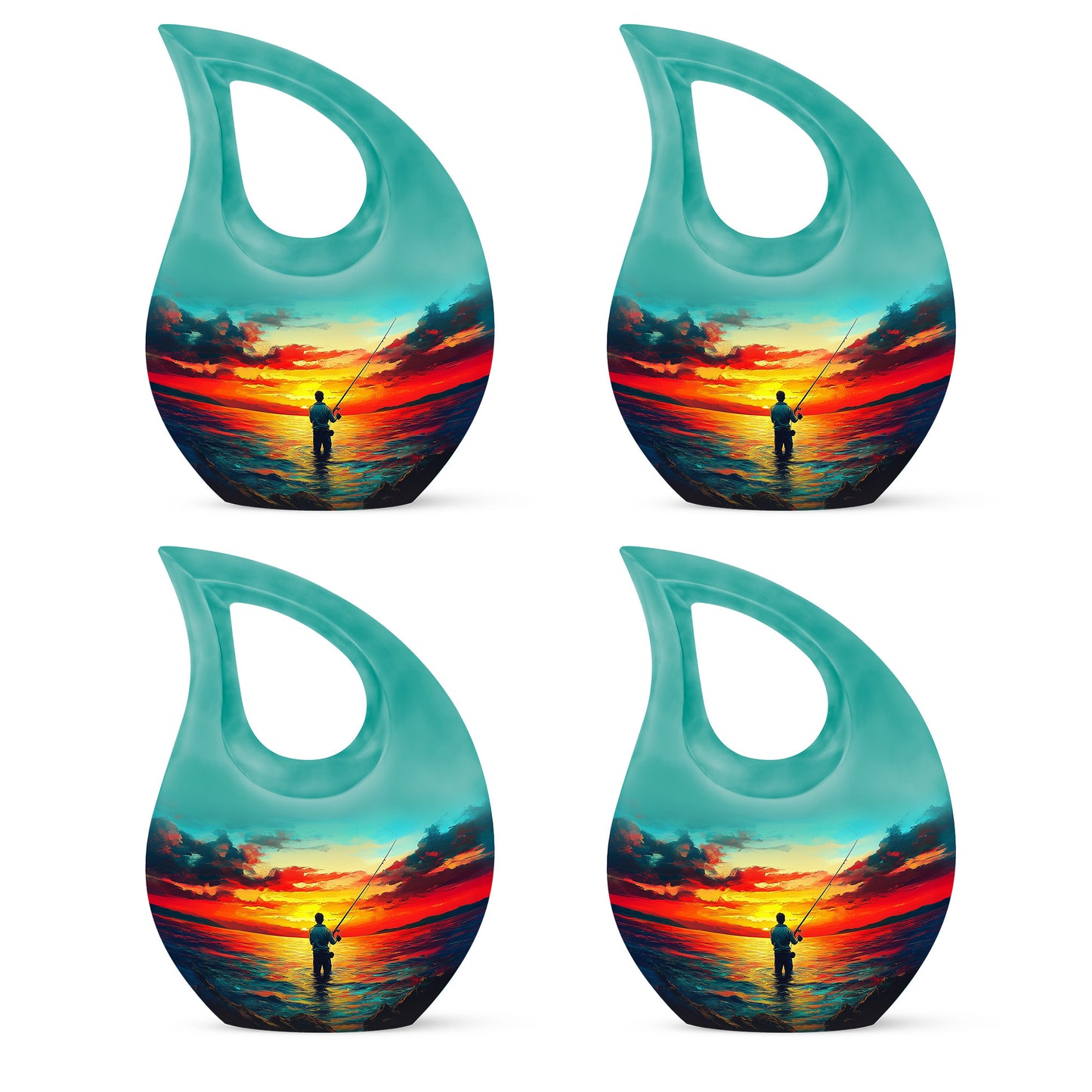 Jewel Teal Fishing Cremation Urn lifestyle display on memorial shelf - cross and fishing combined in spiritual memorial design - 10 inch aluminum urn for cremated remains
