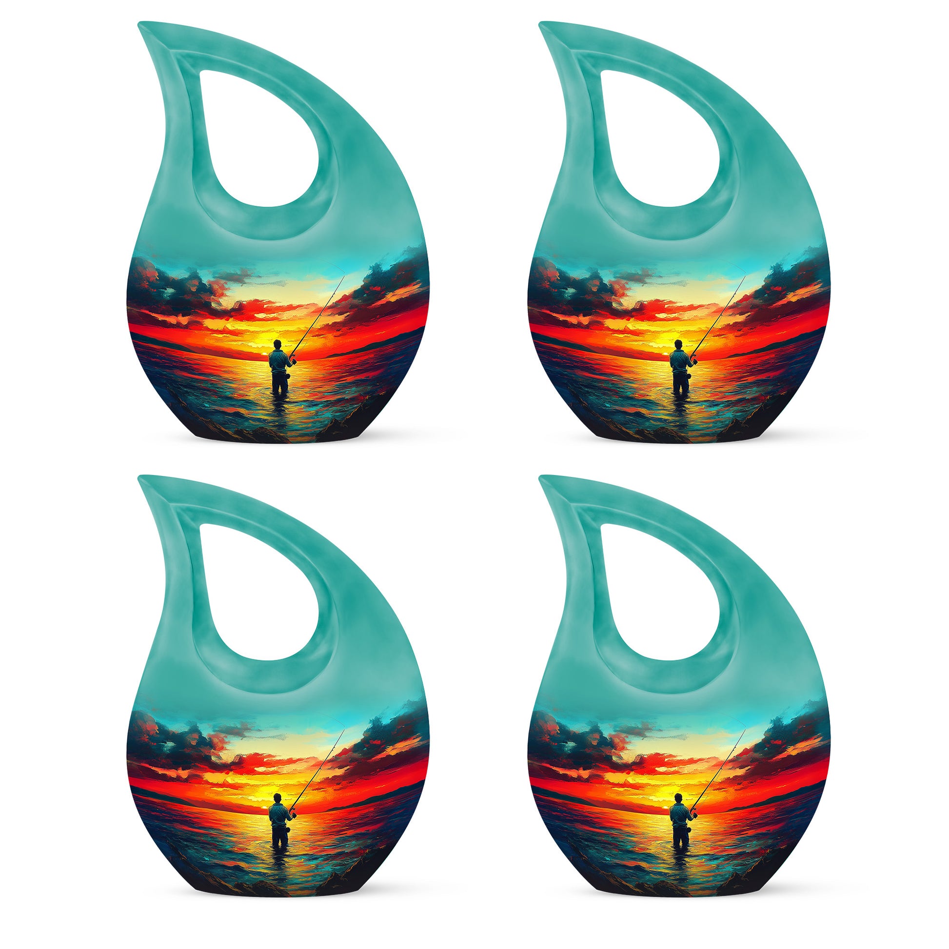 Jewel Teal Fishing Cremation Urn lifestyle display on memorial shelf - cross and fishing combined in spiritual memorial design - 10 inch aluminum urn for cremated remains