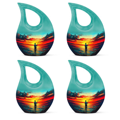 Jewel Teal Fishing Cremation Urn lifestyle display on memorial shelf - cross and fishing combined in spiritual memorial design - 10 inch aluminum urn for cremated remains