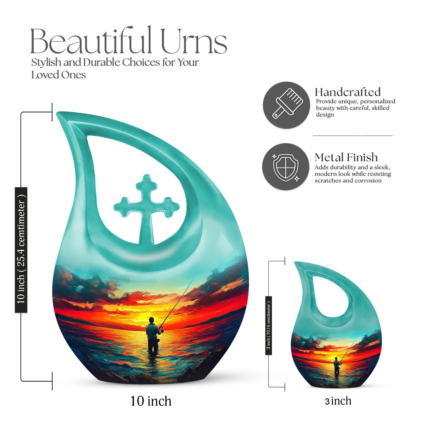 Aqua Teal Fishing Cremation Urn back view with polished surface - faith-inspired cross-drop urn with fishing pattern - mini keepsake memorial for portion of cremation ashes