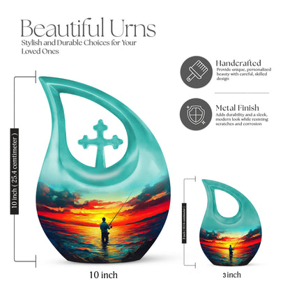 Aqua Teal Fishing Cremation Urn back view with polished surface - faith-inspired cross-drop urn with fishing pattern - mini keepsake memorial for portion of cremation ashes