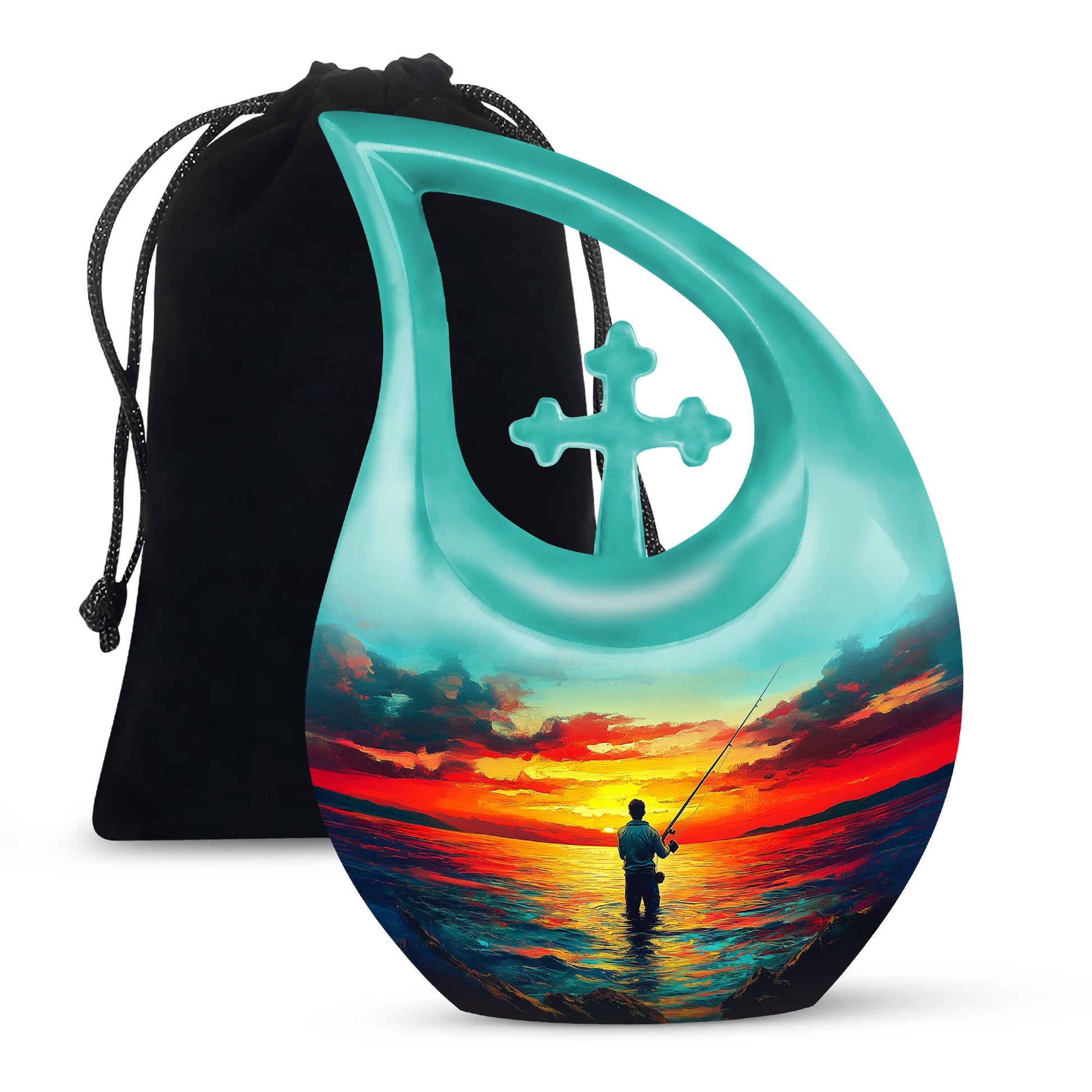 Sea Green Teal Fishing Cremation Urn top-down view of secure threaded lid - cross and fishing combined in spiritual memorial design - full-size 10 inch 200 cubic inch adult cremation urn