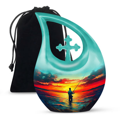 Sea Green Teal Fishing Cremation Urn top-down view of secure threaded lid - cross and fishing combined in spiritual memorial design - full-size 10 inch 200 cubic inch adult cremation urn
