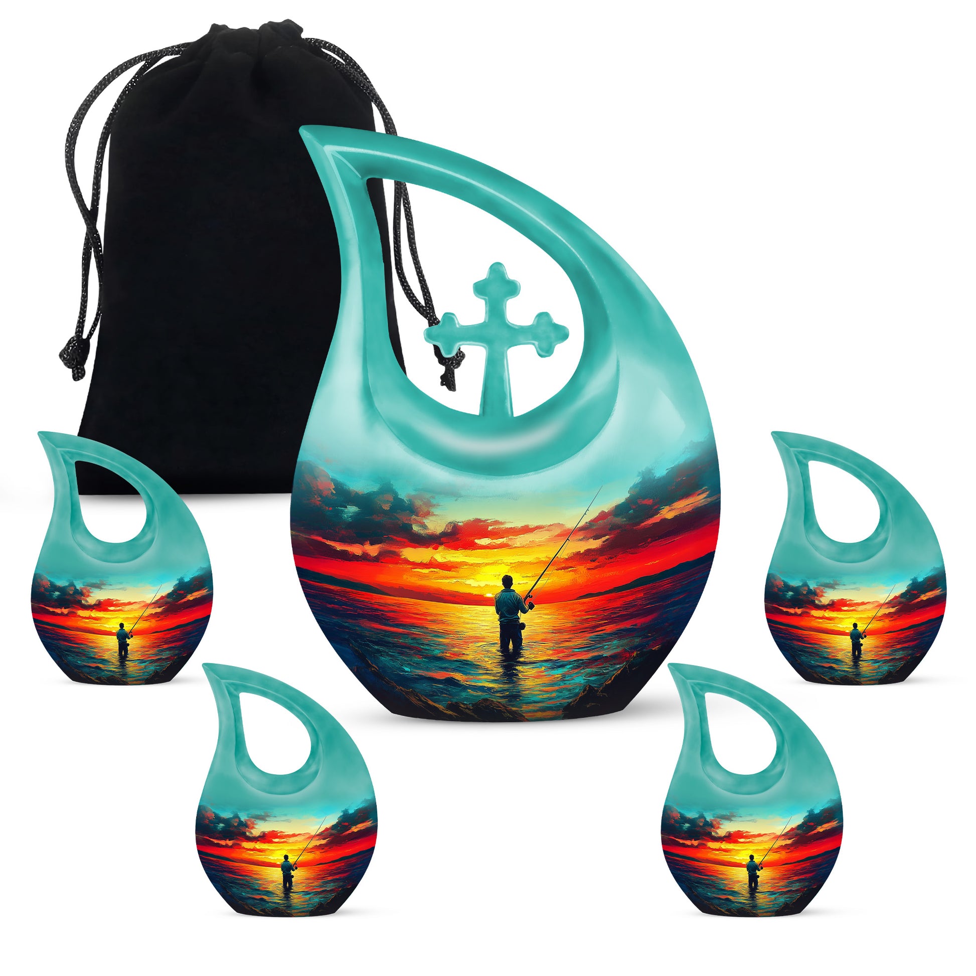 Soft Teal Fishing Cremation Urn urn with complimentary velvet bag - cross and fishing combined in spiritual memorial design - memorial set with one large and four small urns