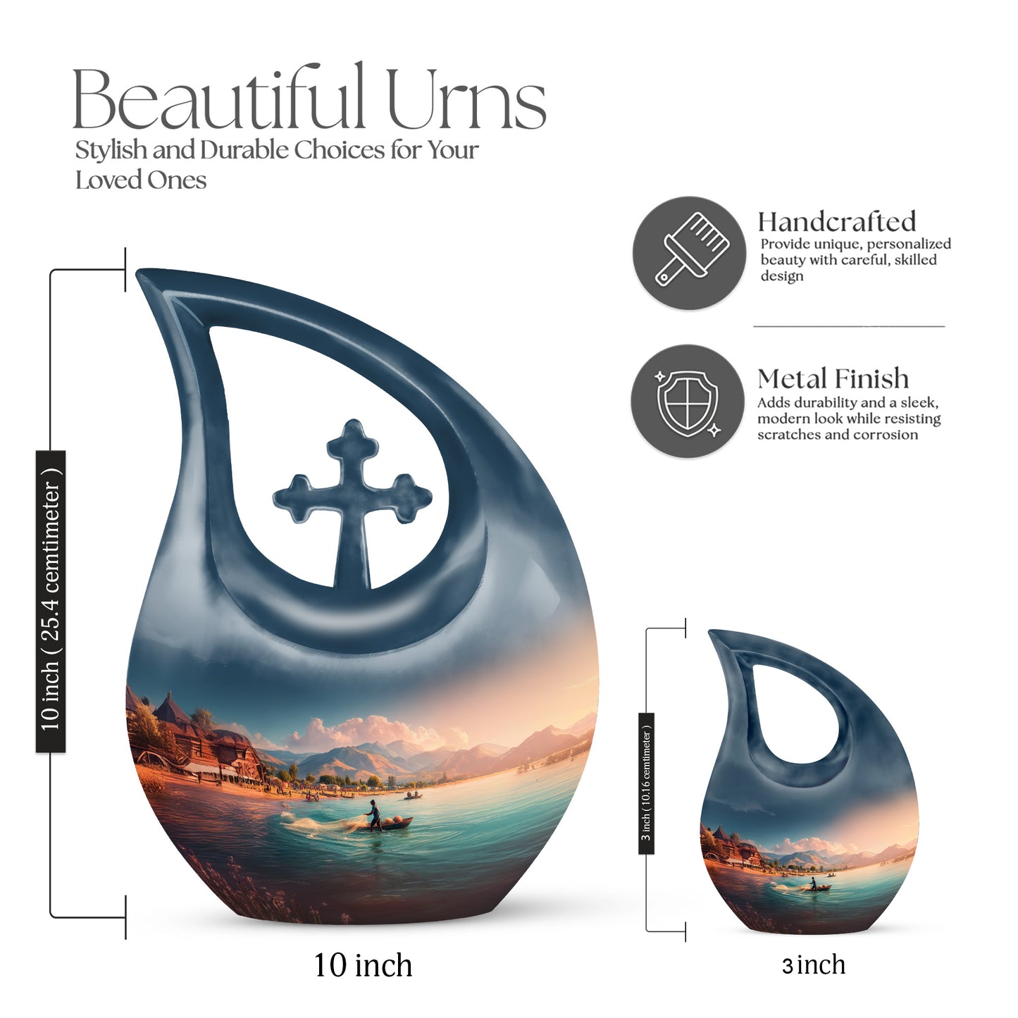 Royal Blue Fishing Cremation Urn back view with polished surface - faith-inspired cross-drop urn with fishing pattern - mini keepsake memorial for portion of cremation ashes