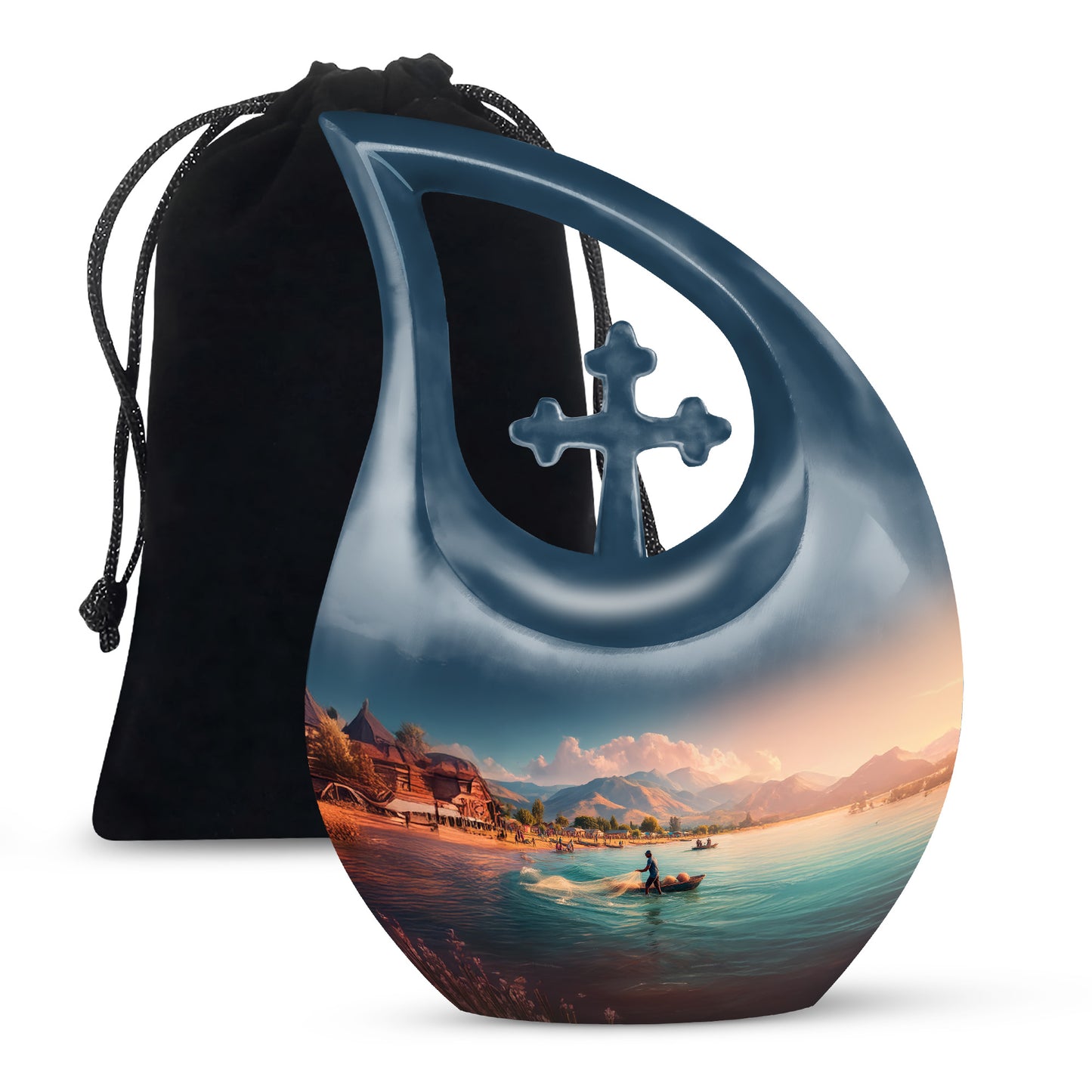 Bright Blue Fishing Cremation Urn top-down view of secure threaded lid - devotional cross-drop fishing engraving - full-size 10 inch 200 cubic inch adult cremation urn