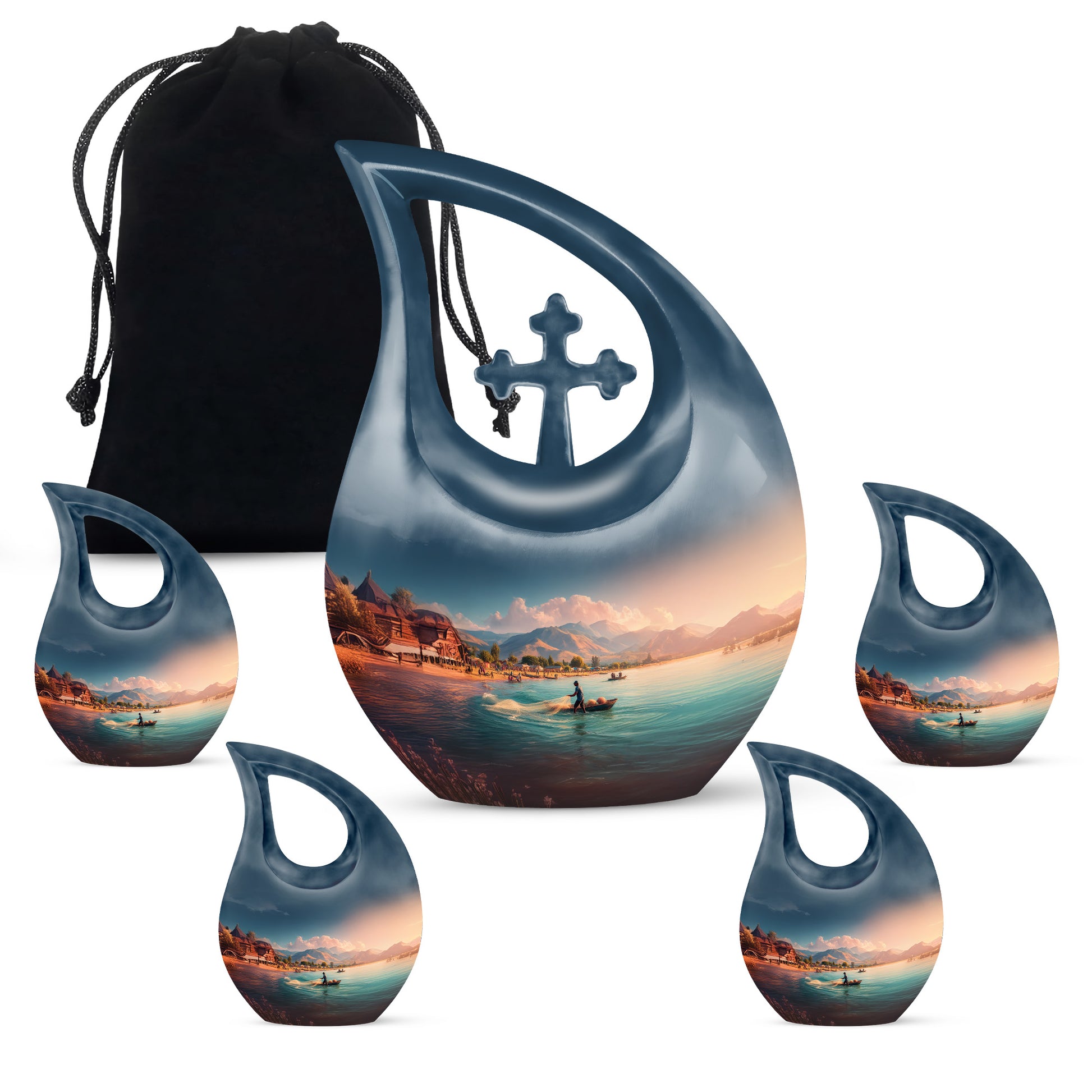 Bright Blue Fishing Cremation Urn urn with complimentary velvet bag - faith-inspired cross-drop urn with fishing pattern - memorial set with one large and four small urns
