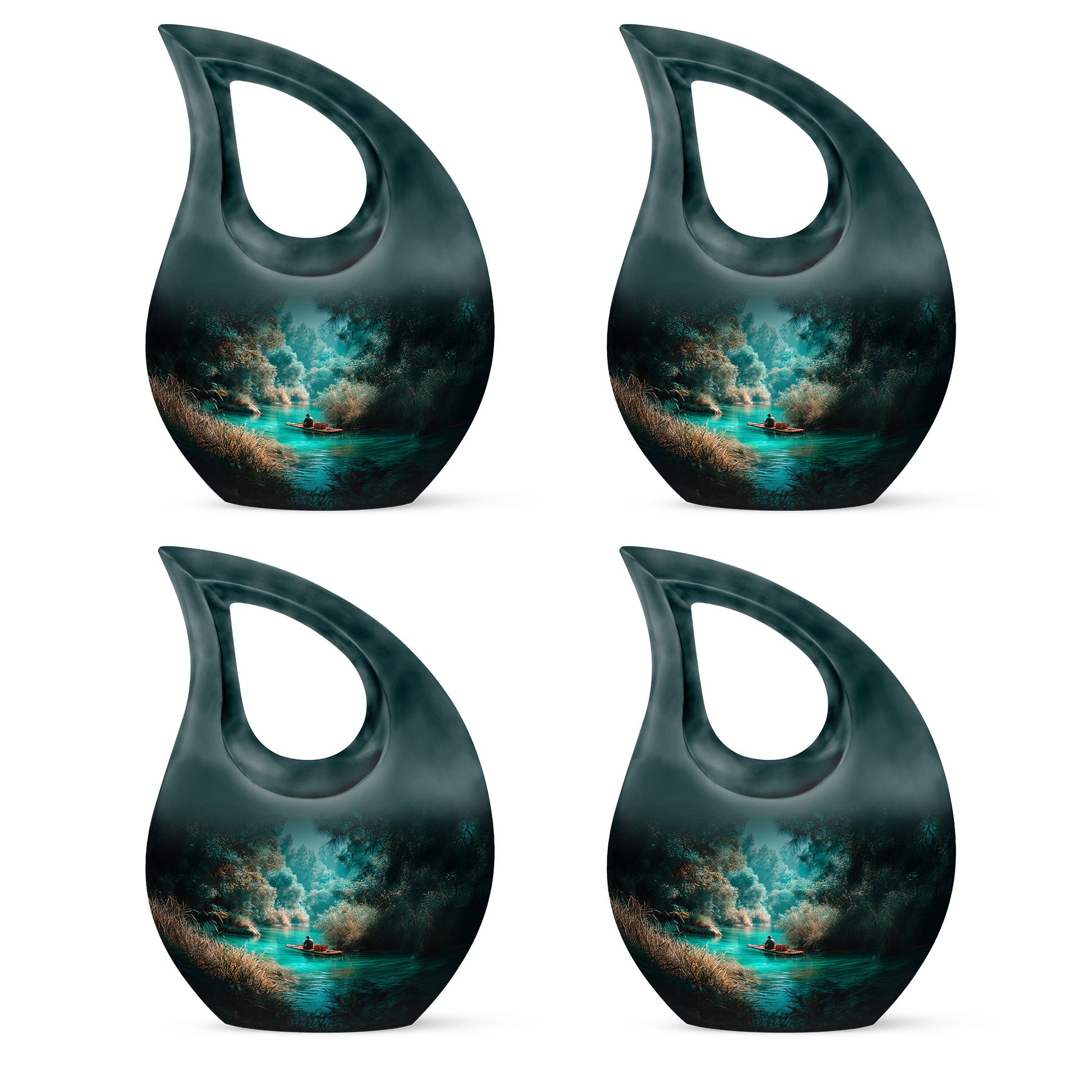 Cool Teal Fishing Cremation Urn lifestyle display on memorial shelf - sacred cross merged with fishing motif on metal - 10 inch aluminum urn for cremated remains