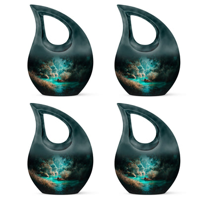 Cool Teal Fishing Cremation Urn lifestyle display on memorial shelf - sacred cross merged with fishing motif on metal - 10 inch aluminum urn for cremated remains