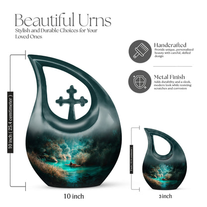 Jewel Teal Fishing Cremation Urn back view with polished surface - cross and fishing combined in spiritual memorial design - mini keepsake memorial for portion of cremation ashes