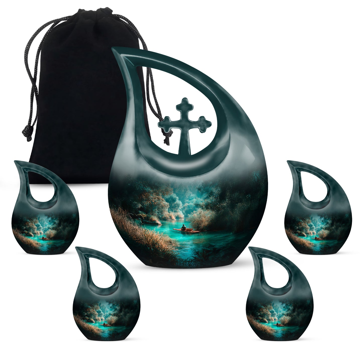 Sea Green Teal Fishing Cremation Urn urn with complimentary velvet bag - cross and fishing combined in spiritual memorial design - memorial set with one large and four small urns