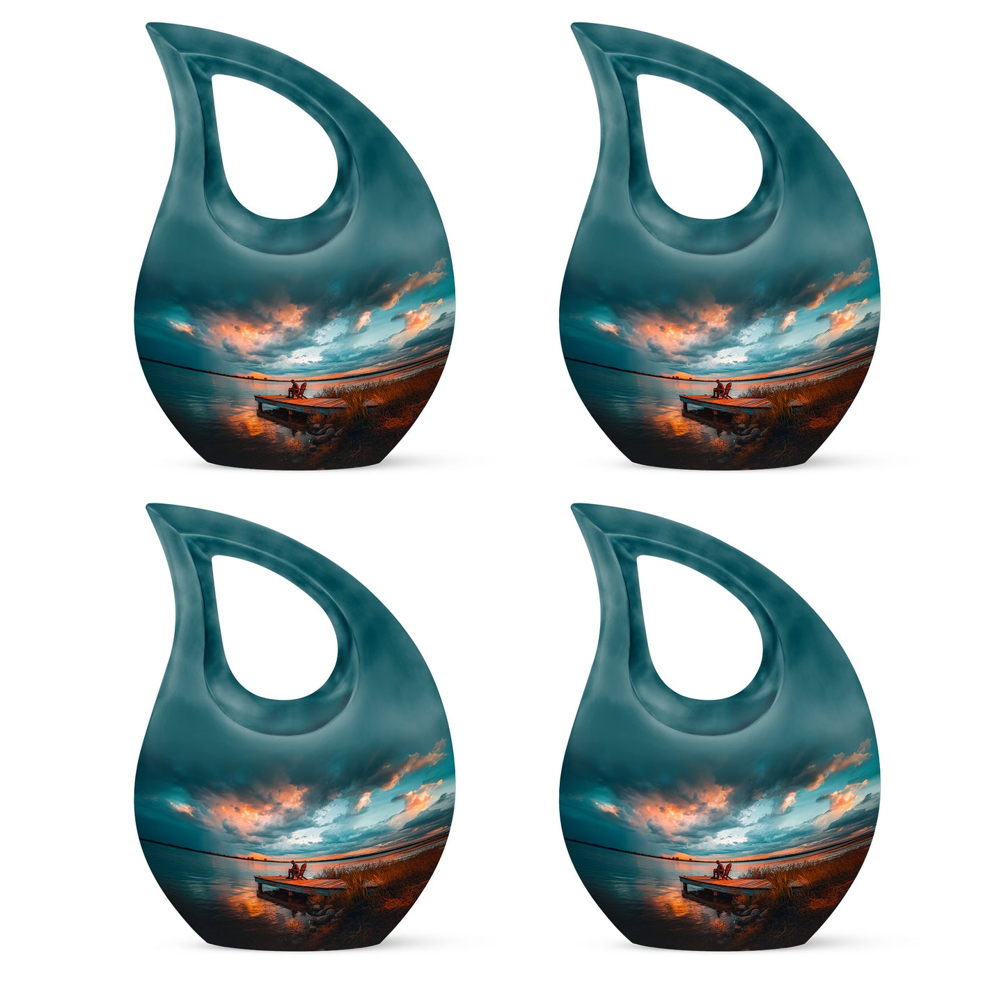 Tropical Teal Fishing Cremation Urn lifestyle display on memorial shelf - devotional cross-drop fishing engraving - 10 inch aluminum urn for cremated remains
