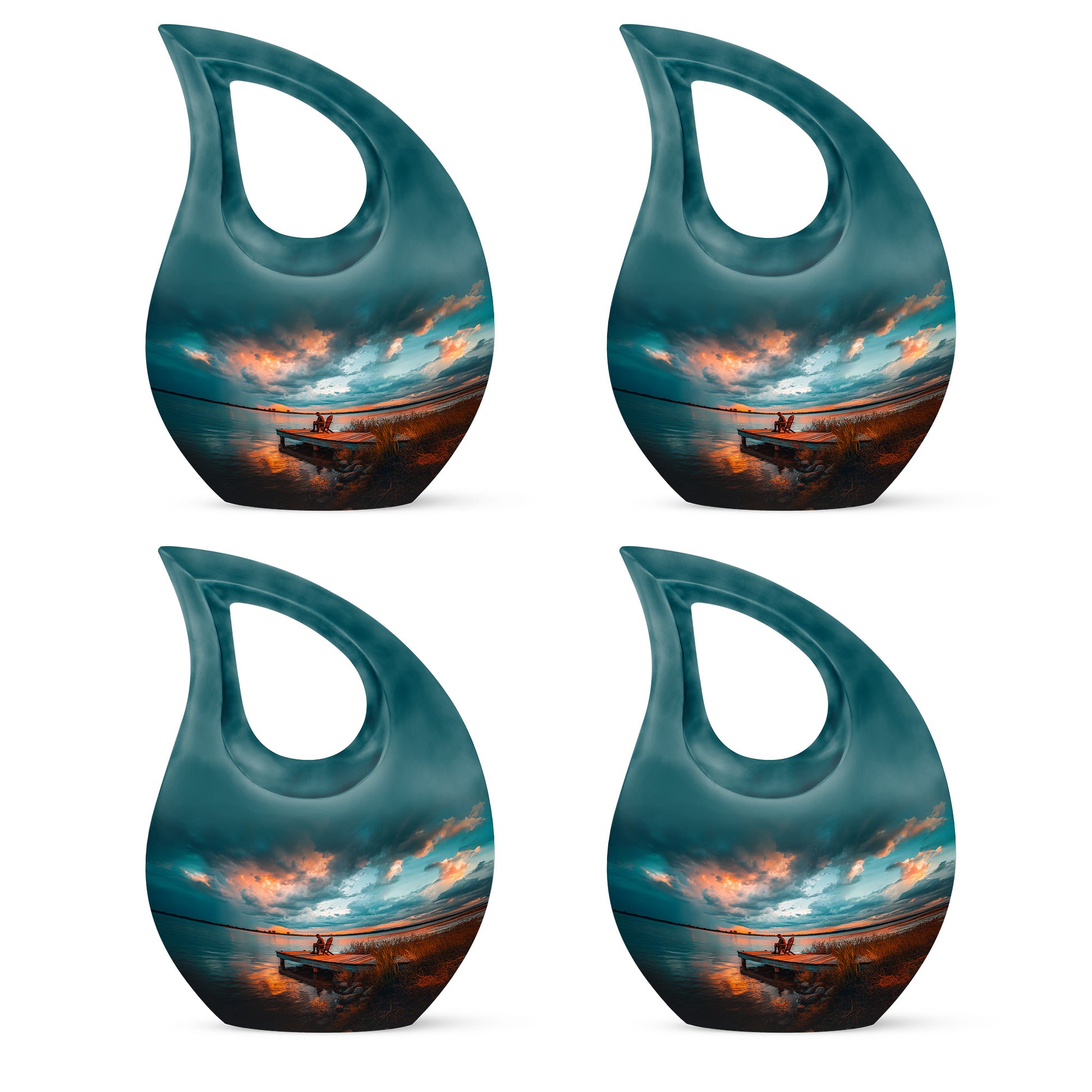 Tropical Teal Fishing Cremation Urn lifestyle display on memorial shelf - devotional cross-drop fishing engraving - 10 inch aluminum urn for cremated remains