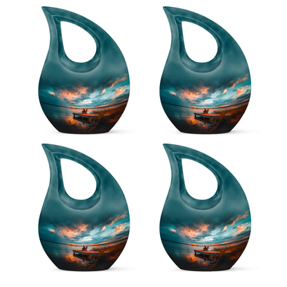 Tropical Teal Fishing Cremation Urn lifestyle display on memorial shelf - devotional cross-drop fishing engraving - 10 inch aluminum urn for cremated remains