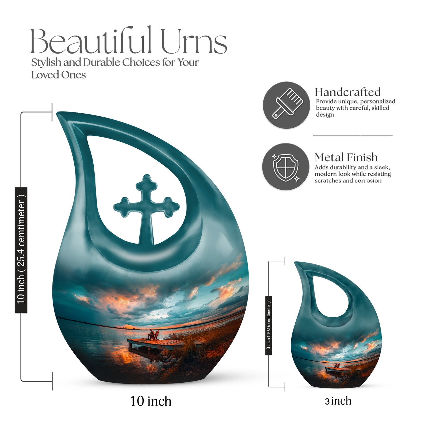 Ocean Teal Fishing Cremation Urn back view with polished surface - cross and fishing combined in spiritual memorial design - mini keepsake memorial for portion of cremation ashes