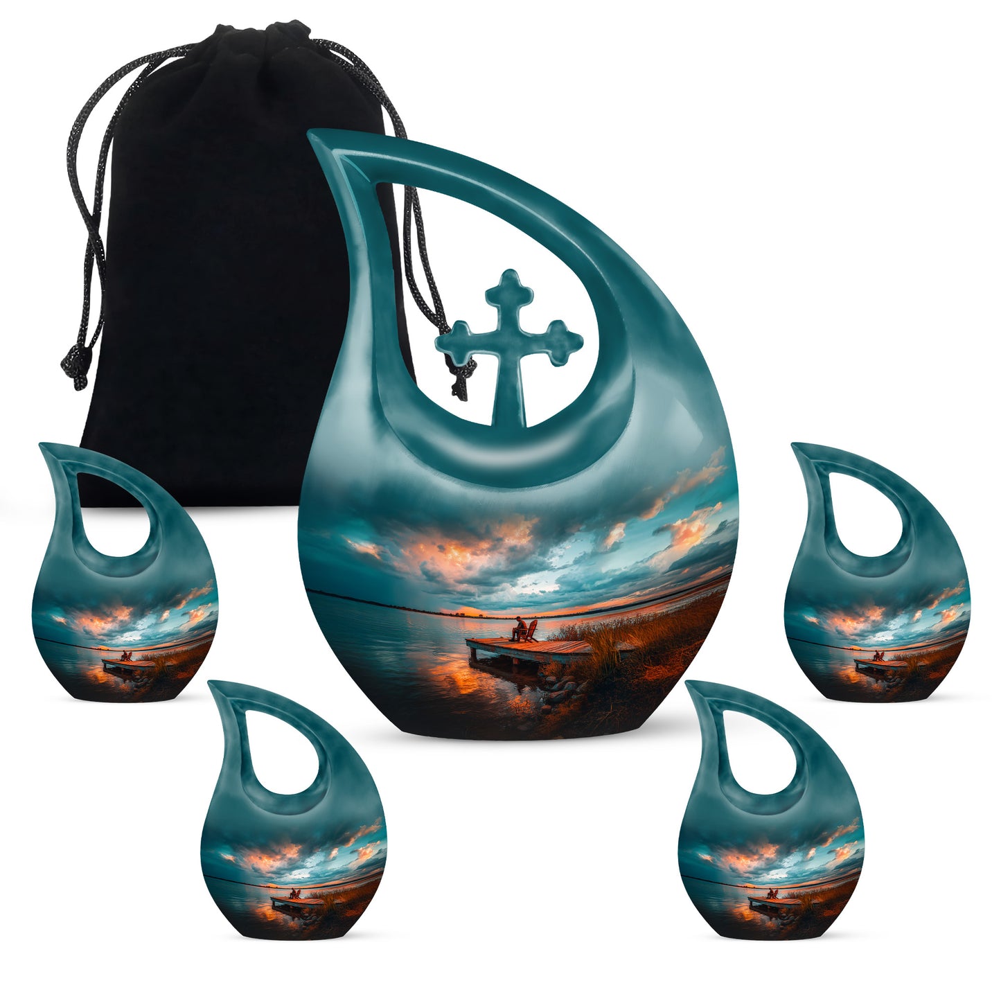 Tropical Teal Fishing Cremation Urn urn with complimentary velvet bag - faith-inspired cross-drop urn with fishing pattern - memorial set with one large and four small urns
