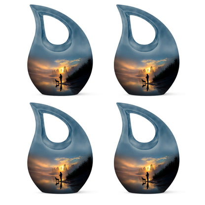 Slate Blue Fishing Cremation Urn lifestyle display on memorial shelf - sacred cross merged with fishing motif on metal - 10 inch aluminum urn for cremated remains