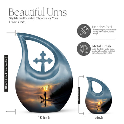 Twilight Blue Fishing Cremation Urn back view with polished surface - faith-inspired cross-drop urn with fishing pattern - mini keepsake memorial for portion of cremation ashes