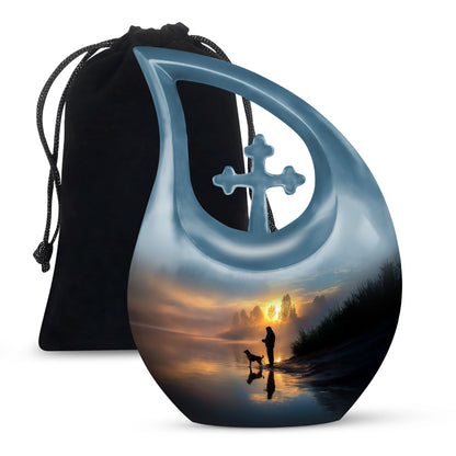 Calming Blue Fishing Cremation Urn top-down view of secure threaded lid - devotional cross-drop fishing engraving - full-size 10 inch 200 cubic inch adult cremation urn