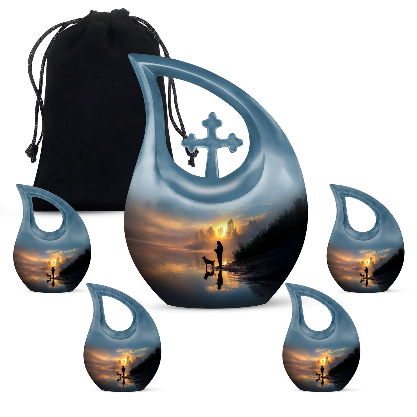 Dusty Blue Fishing Cremation Urn urn with complimentary velvet bag - sacred cross merged with fishing motif on metal - memorial set with one large and four small urns