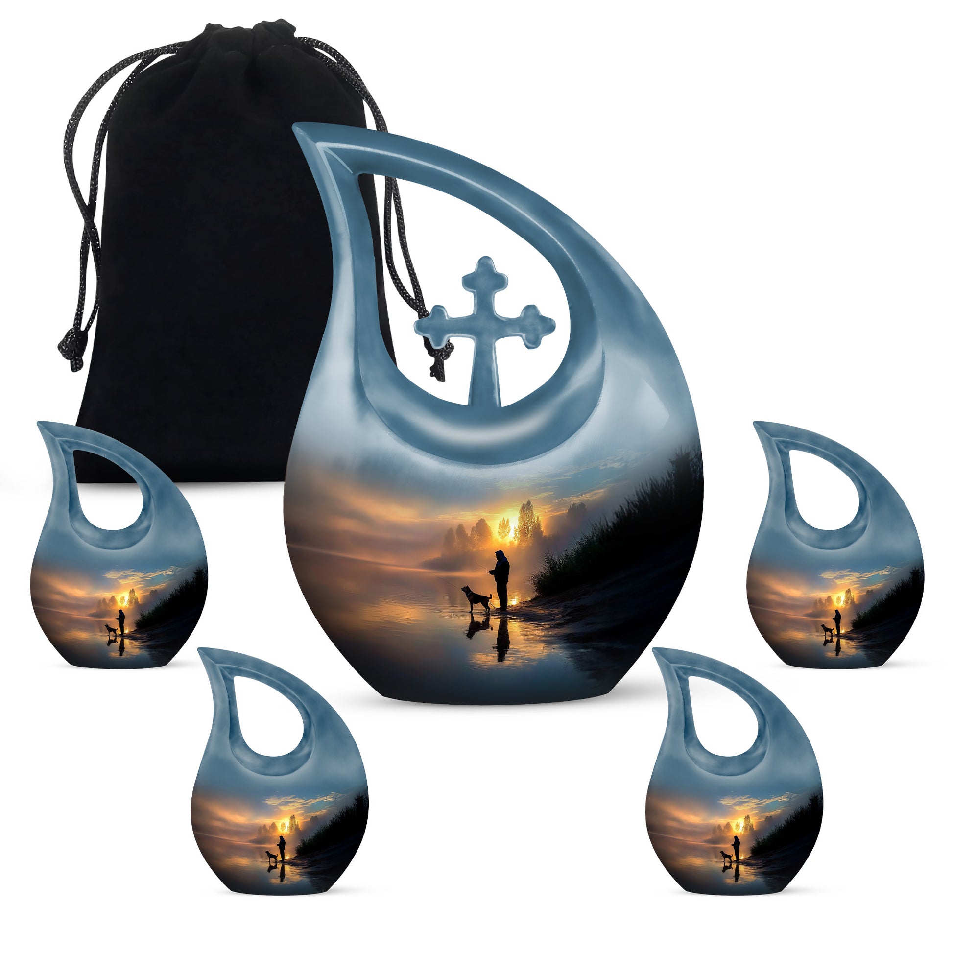 Dusty Blue Fishing Cremation Urn urn with complimentary velvet bag - sacred cross merged with fishing motif on metal - memorial set with one large and four small urns