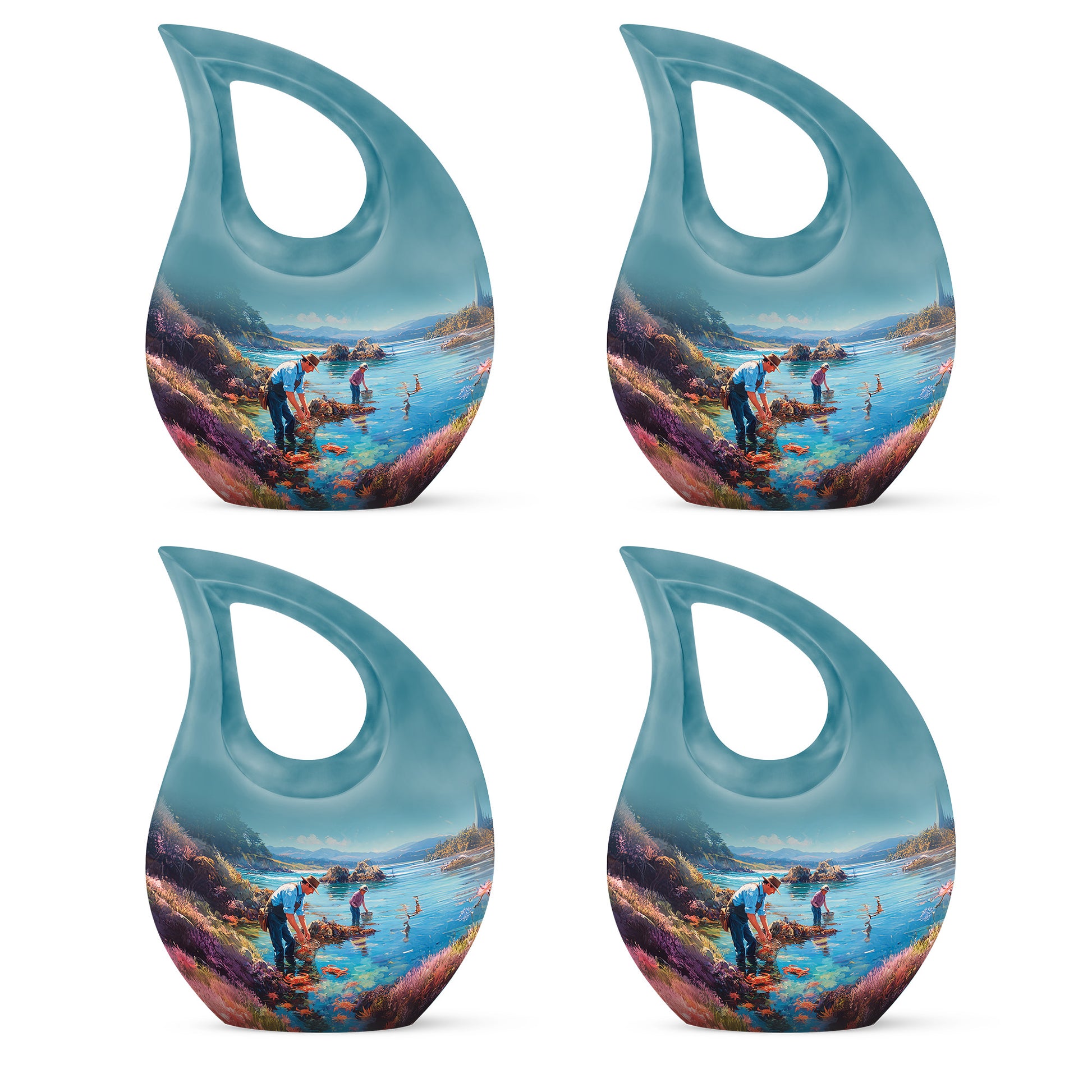 Aqua Teal Fishing Cremation Urn lifestyle display on memorial shelf - devotional cross-drop fishing engraving - 10 inch aluminum urn for cremated remains