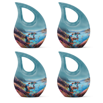 Aqua Teal Fishing Cremation Urn lifestyle display on memorial shelf - devotional cross-drop fishing engraving - 10 inch aluminum urn for cremated remains