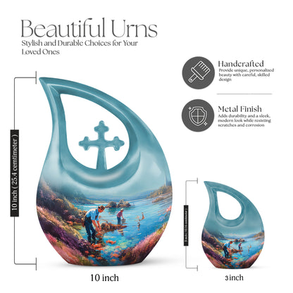 Deep Teal Fishing Cremation Urn back view with polished surface - devotional cross-drop fishing engraving - mini keepsake memorial for portion of cremation ashes