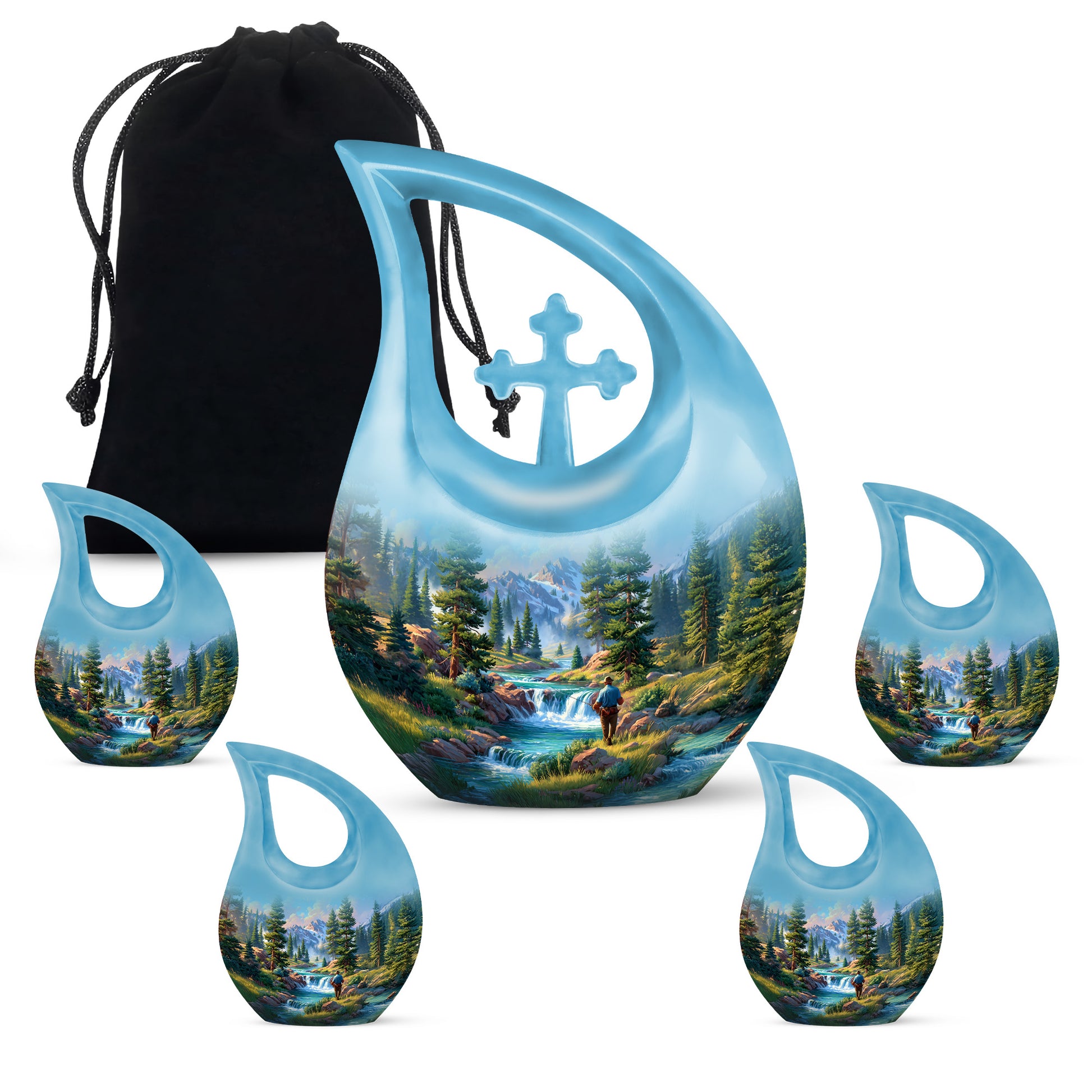 Deep Teal Fishing Cremation Urn urn with complimentary velvet bag - faith-inspired cross-drop urn with fishing pattern - memorial set with one large and four small urns