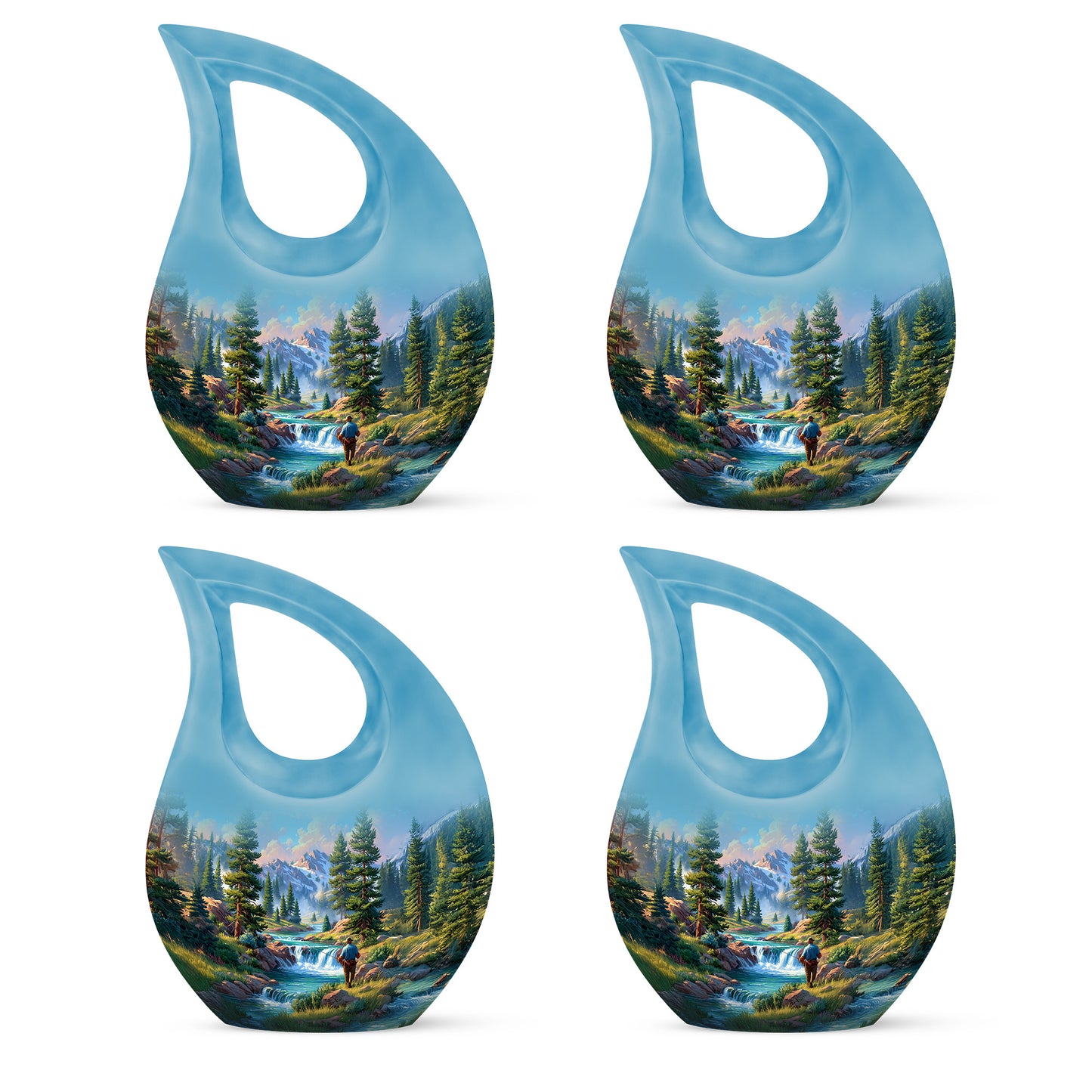 Icy Blue Fishing Cremation Urn lifestyle display on memorial shelf - sacred cross merged with fishing motif on metal - 10 inch aluminum urn for cremated remains