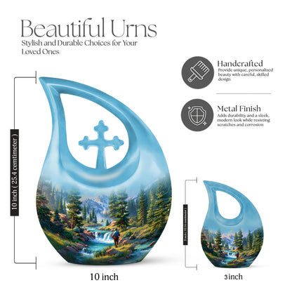 Soft Blue Fishing Cremation Urn back view with polished surface - faith-inspired cross-drop urn with fishing pattern - mini keepsake memorial for portion of cremation ashes