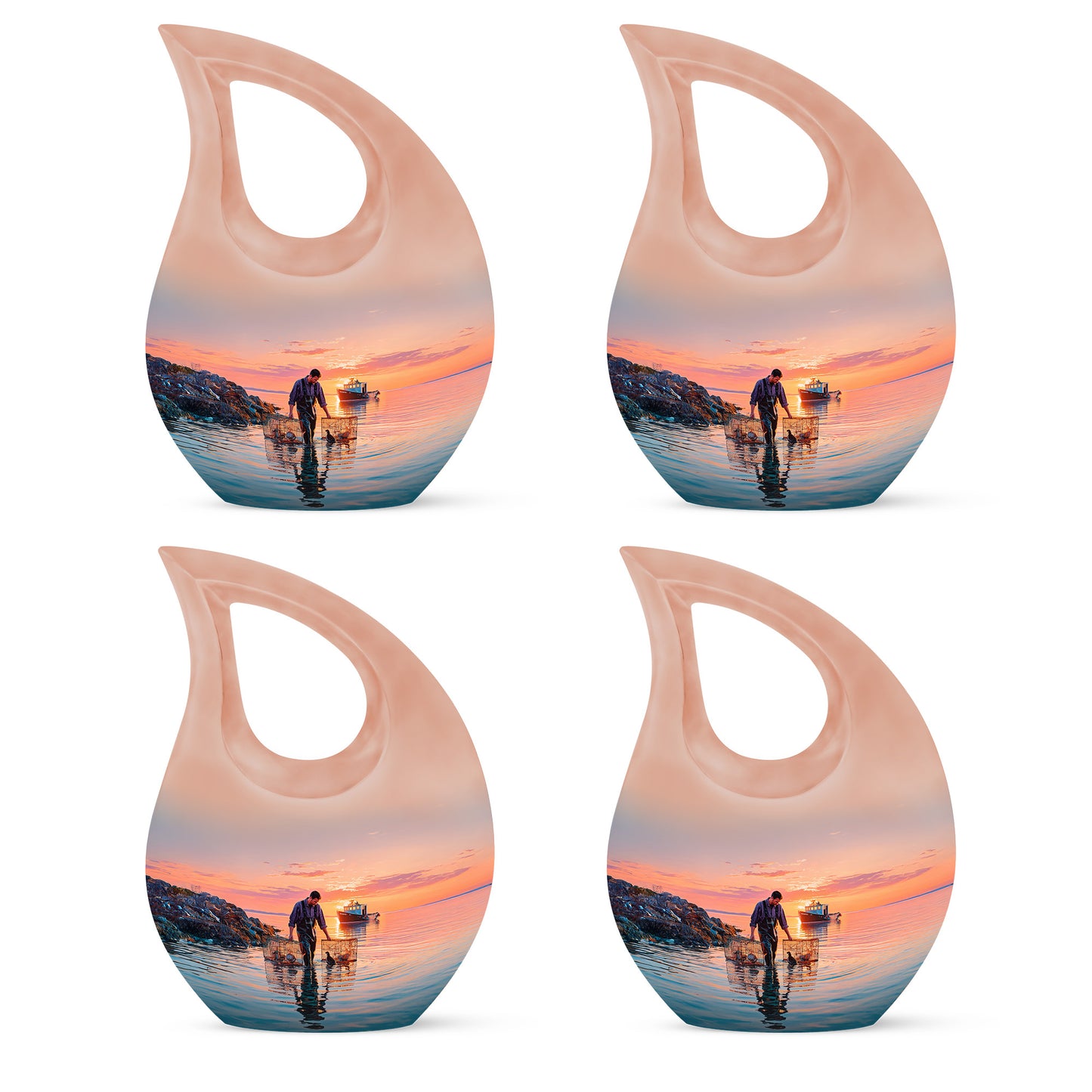 Dusty Blue Fishing Cremation Urn lifestyle display on memorial shelf - cross and fishing combined in spiritual memorial design - 10 inch aluminum urn for cremated remains
