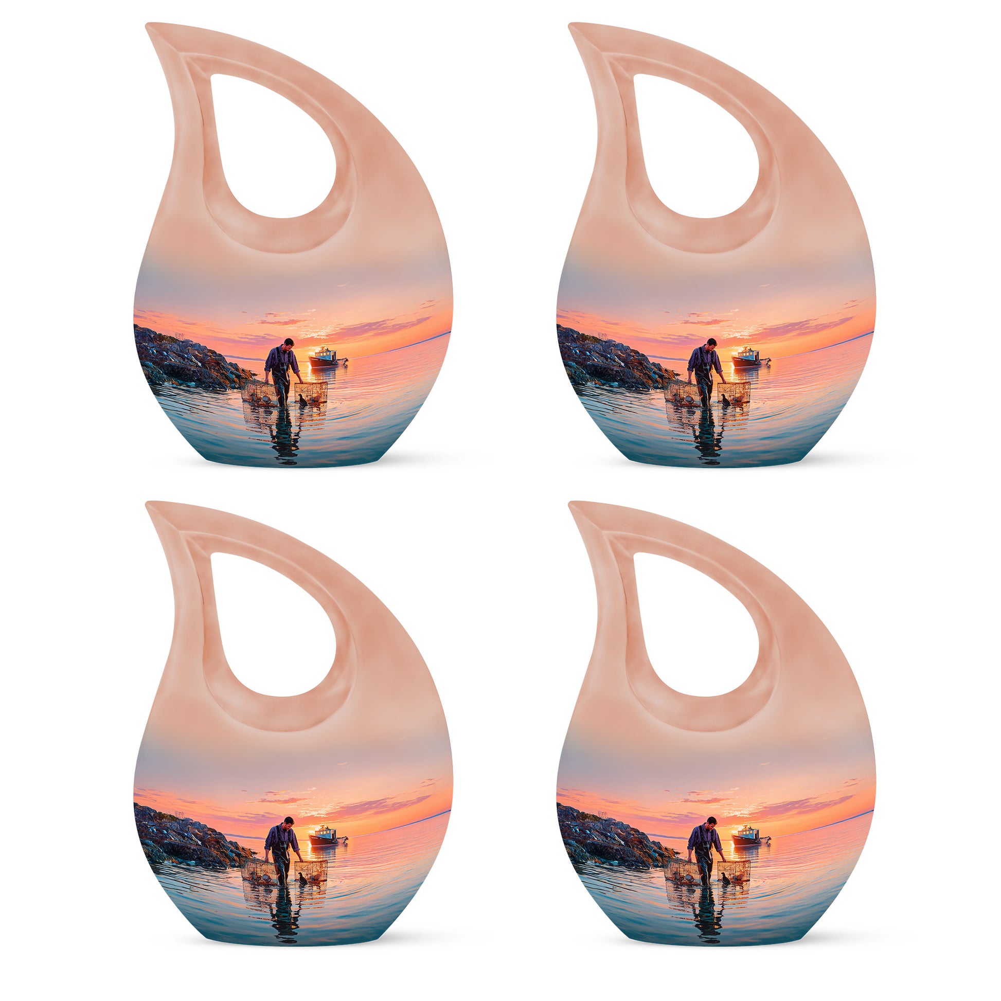 Dusty Blue Fishing Cremation Urn lifestyle display on memorial shelf - cross and fishing combined in spiritual memorial design - 10 inch aluminum urn for cremated remains