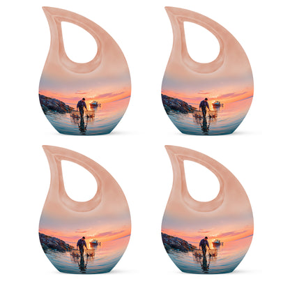 Dusty Blue Fishing Cremation Urn lifestyle display on memorial shelf - cross and fishing combined in spiritual memorial design - 10 inch aluminum urn for cremated remains