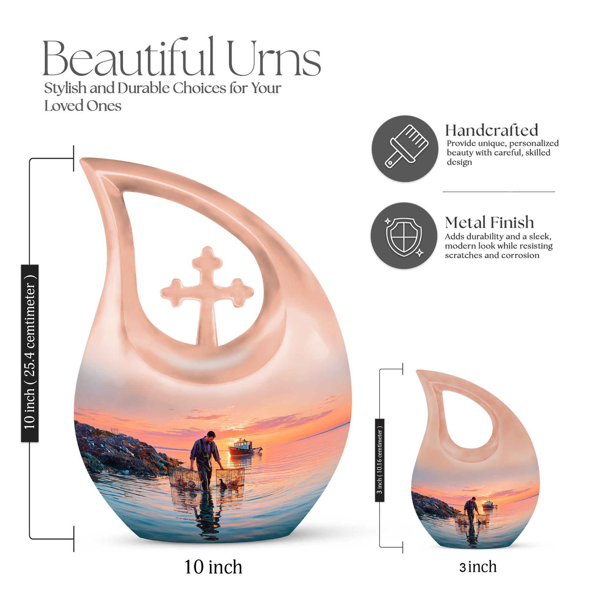 Powder Blue Fishing Cremation Urn back view with polished surface - sacred cross merged with fishing motif on metal - mini keepsake memorial for portion of cremation ashes