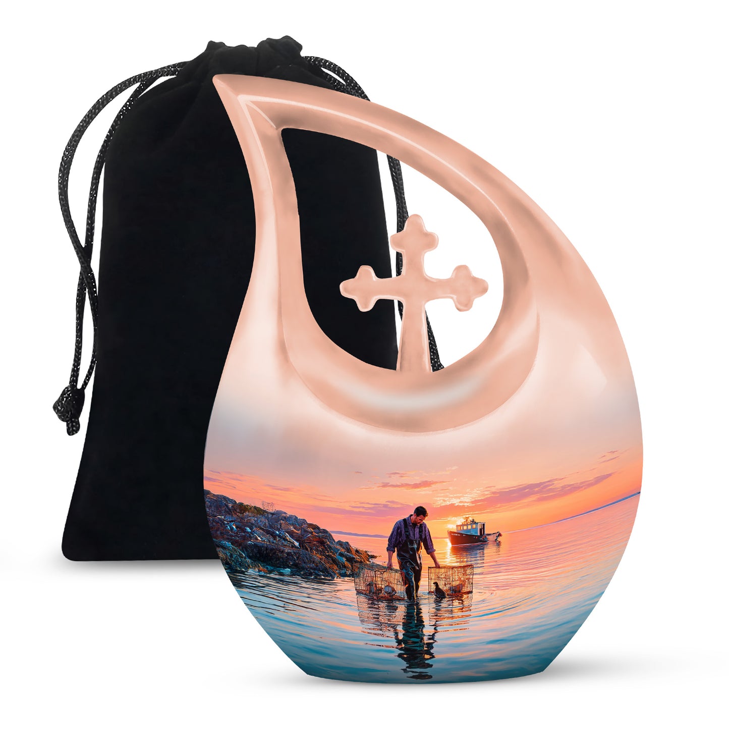 Cobalt Blue Fishing Cremation Urn top-down view of secure threaded lid - devotional cross-drop fishing engraving - full-size 10 inch 200 cubic inch adult cremation urn