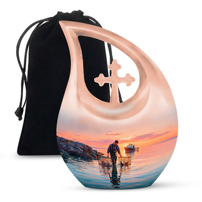 Cobalt Blue Fishing Cremation Urn top-down view of secure threaded lid - devotional cross-drop fishing engraving - full-size 10 inch 200 cubic inch adult cremation urn