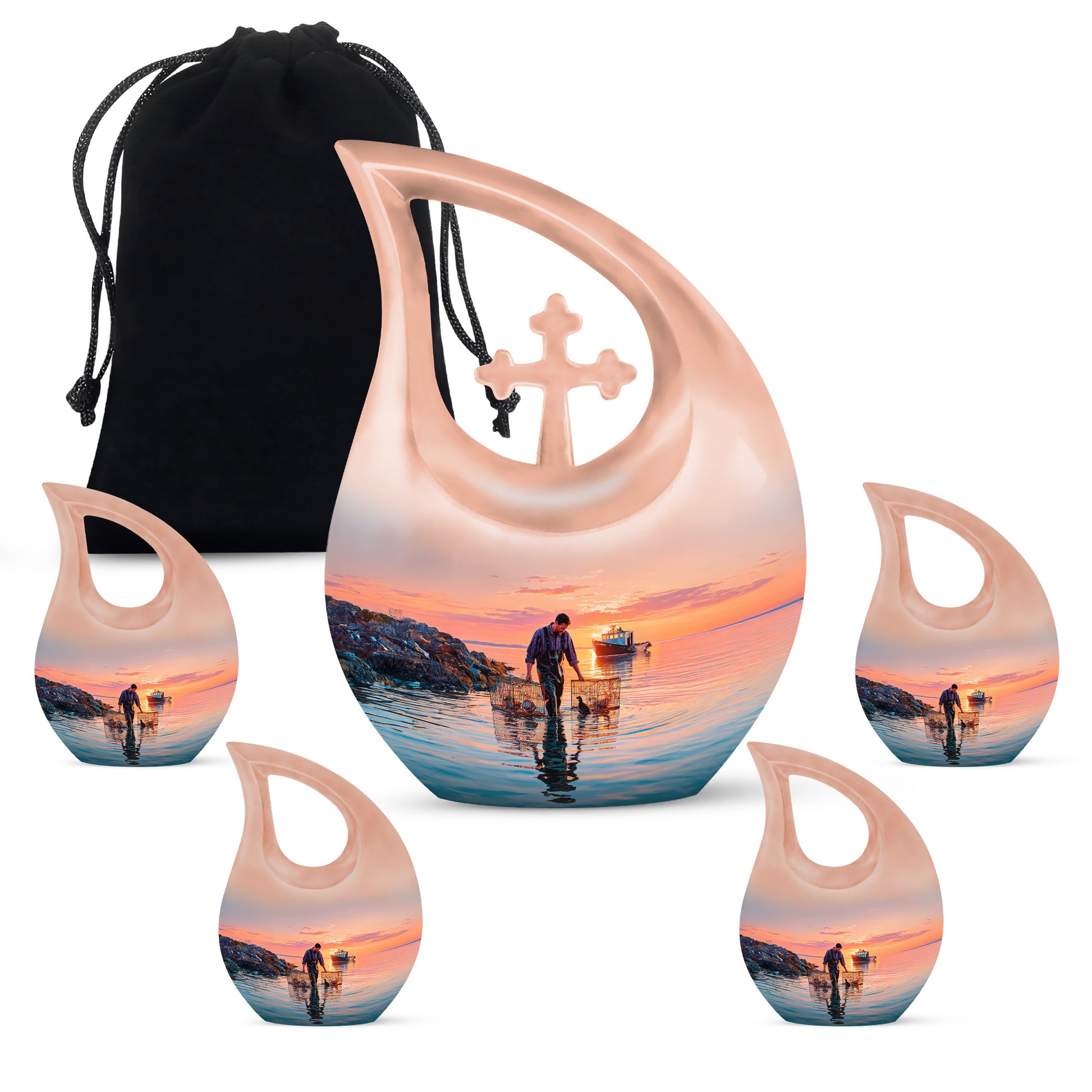 Vivid Blue Fishing Cremation Urn urn with complimentary velvet bag - faith-inspired cross-drop urn with fishing pattern - memorial set with one large and four small urns