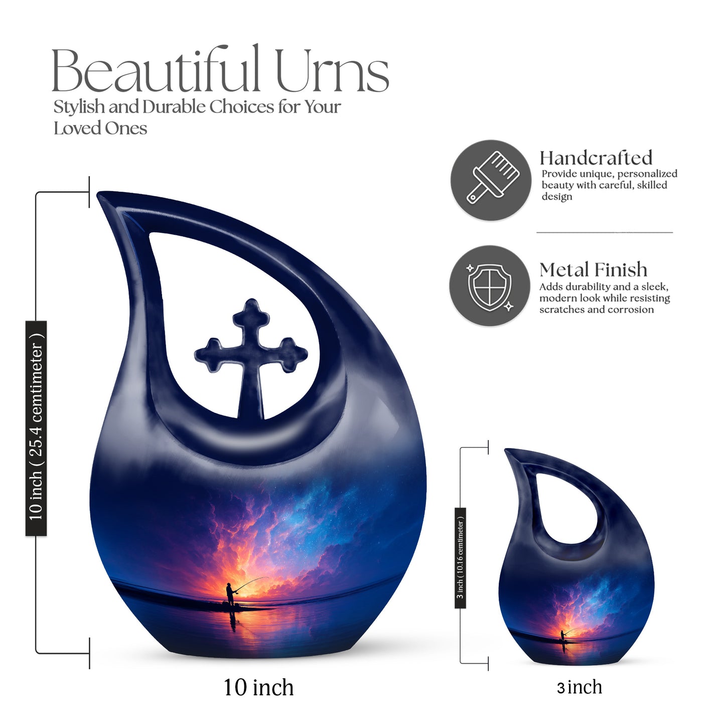 Twilight Blue Fishing Cremation Urn back view with polished surface - devotional cross-drop fishing engraving - mini keepsake memorial for portion of cremation ashes