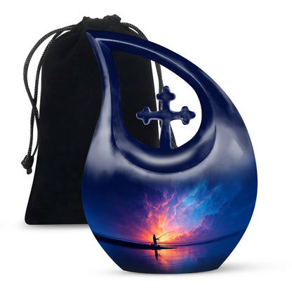 Icy Blue Fishing Cremation Urn top-down view of secure threaded lid - cross and fishing combined in spiritual memorial design - full-size 10 inch 200 cubic inch adult cremation urn