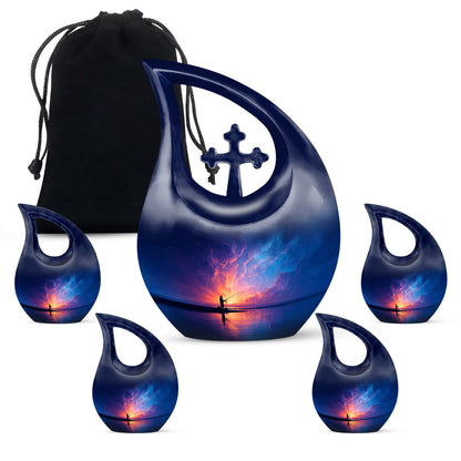 Royal Blue Fishing Cremation Urn urn with complimentary velvet bag - faith-inspired cross-drop urn with fishing pattern - memorial set with one large and four small urns